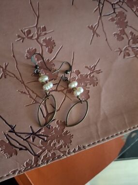 Handmade Pearl & Bronze Drop Earrings - Cream Pearls